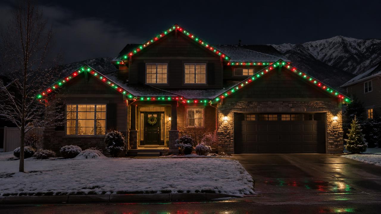 Permanent roofline lights in red and green for Christmas