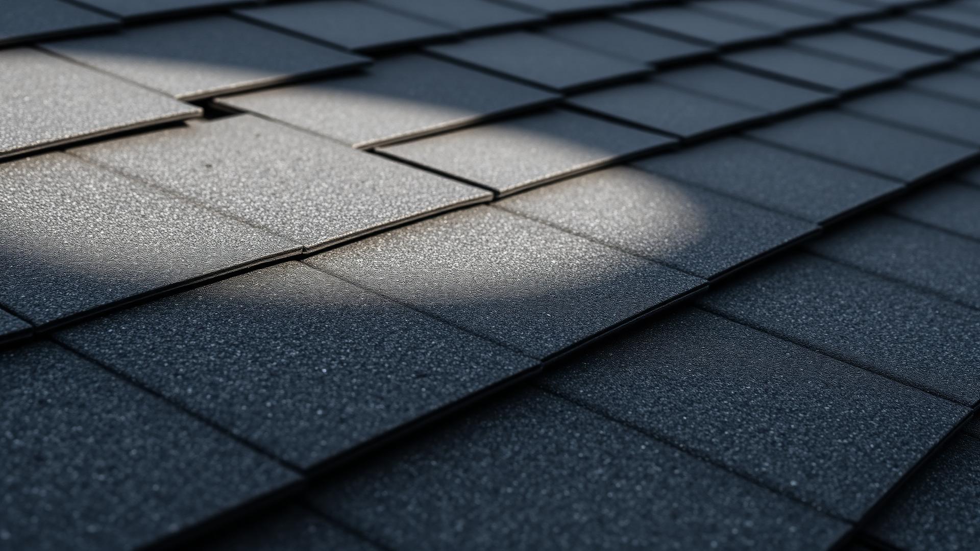 Close-up of dark asphalt roof shingles on a Utah home