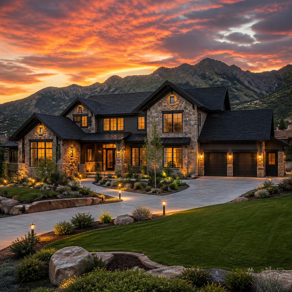 Modern Utah home at sunset with a new dark shingle roof