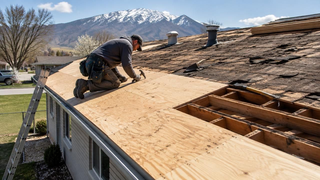 DFNDR roofing crew inspecting a Roy home